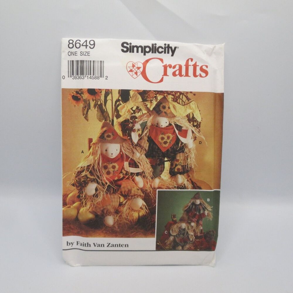Simplicity Crafts 8649 Scarecrow Bunnies Dolls ONE SIZE 1993 Vintage Folk Art